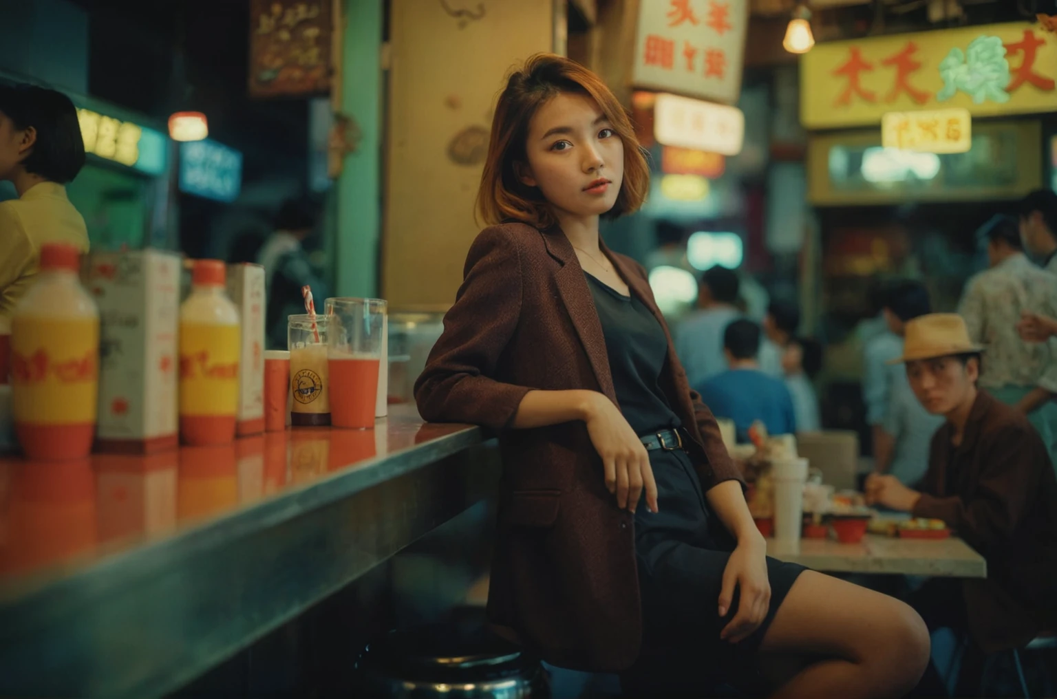 a portrait of MagMix Girl, in Hongkong cafe, analog film photo, Kodachrome.

