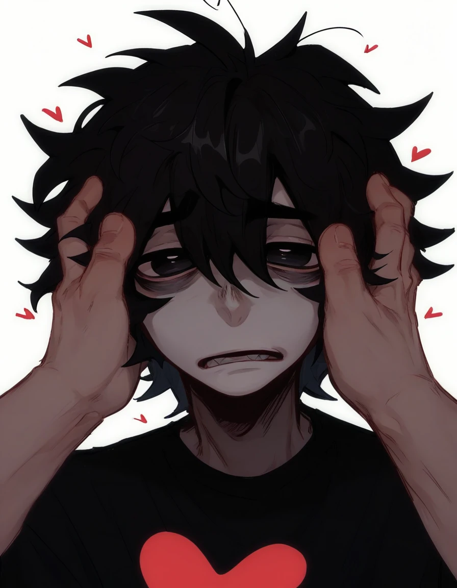 1boy, shirt grunge, sketchy lines, messy hair, black hair, black pupils,hands on face, hearts, evil, score_8_up, score_9_up,