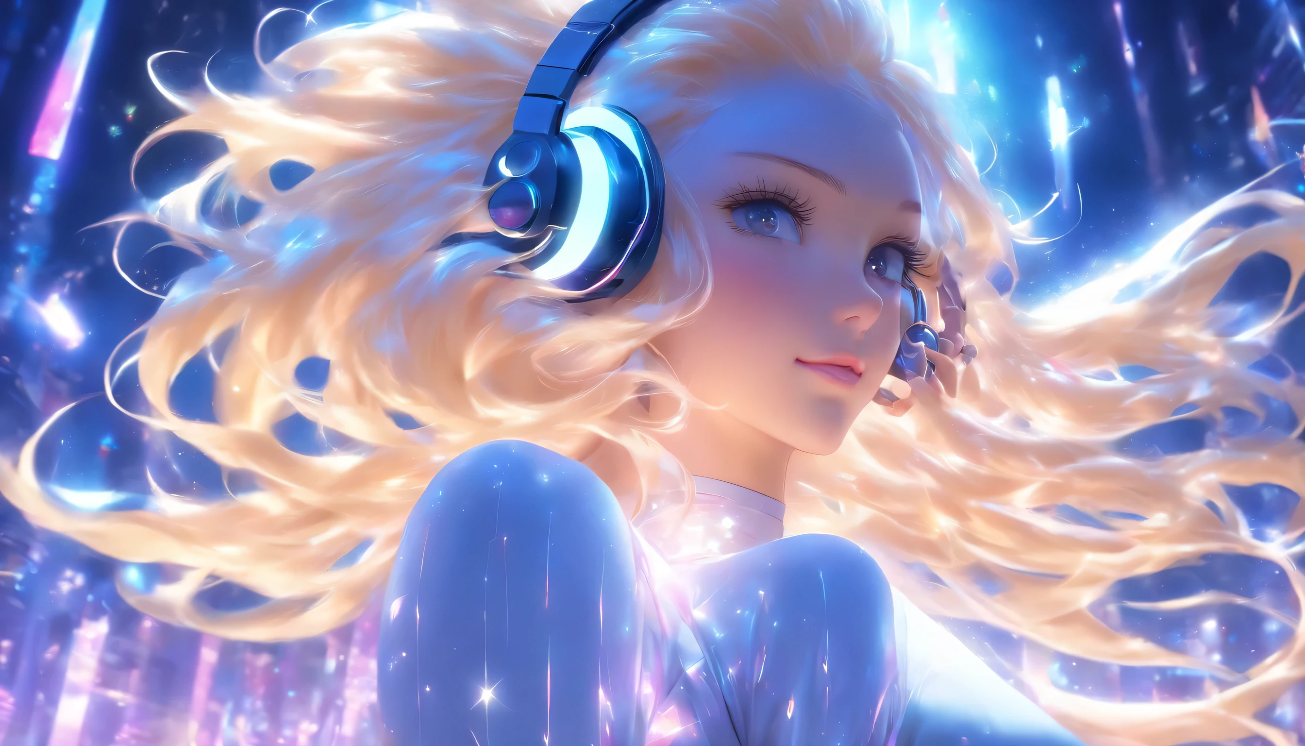 Transparent Prism、sexy pure white dresses、Shoulders are exposed、((Long legs))、((Sparkling accessories))、((Wearing futuristic headphones))、(((Very beautiful blonde)))、trike a Pose)、((sexy))、8k、Best graphics、Light that mixes various colors、、((Shiny Earrings))、The background is the night sky、((Sparkling Eyes))、lame、(((Hair swaying to one side)))、((Glowing Hair))、Full Body、((Strike a Pose))、(((Full Bodyが映る)))、((Oblique profile))、(((Fluttering Hair)))、(((Top Model dj))),((Super long hair))、The background is a white night sky