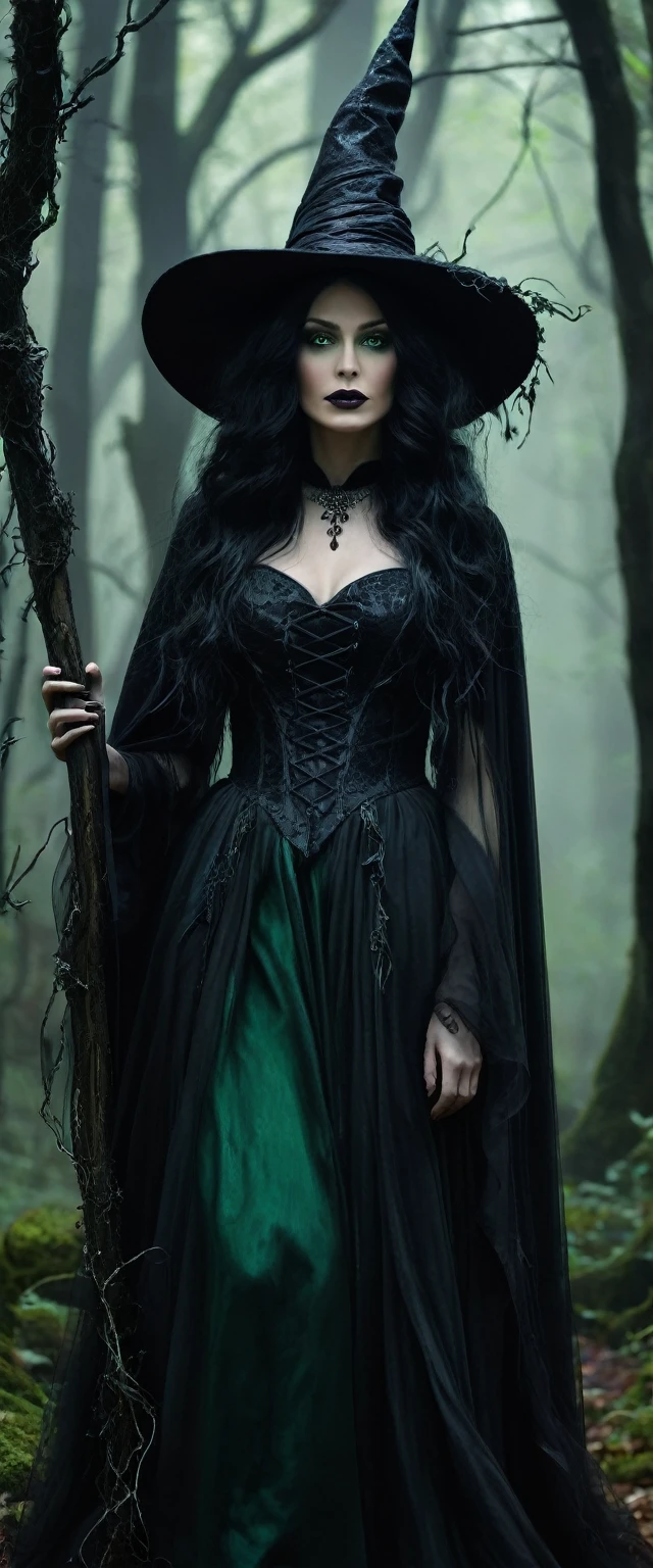 (masterpiece:1.2), (photorealistic:1.4),(best quality,highres),(dark,gothic) witch in a (mysterious,enchanted,spooky) forest, with (long,wavy) black hair and (grey pale) skin. She wears a (tattered,dress) black cloak and a (pointed) hat. Her (intense, piercing) green eyes gaze into the distance with a (mischievous) glint. She holds a (wooden) staff in one hand, which emits a (magical) glow. Around her, there are (twisted, gnarled) trees with (eerie) purple leaves and (creepy) vines. The forest is bathed in a (dim,moonlit) light, casting long shadows on the ground. The atmosphere is filled with (mysterious) fog and (whispering) sounds.
