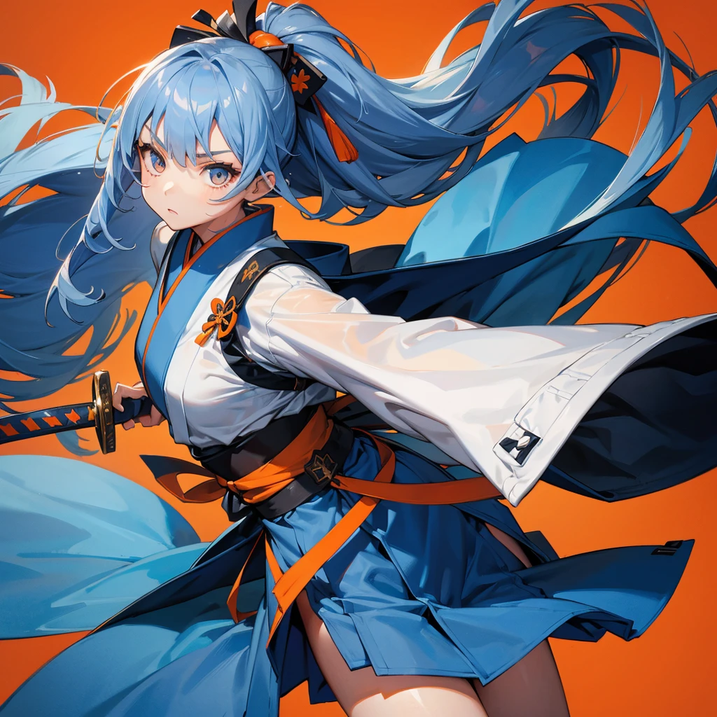 1girl、Dynamic composition、((Perspective Lens, Gray and blue gradation hair color, Long Hair、 A dynamic pose with a serious and determined expression, Two hands brandishing a large, long Japanese sword )) ((Pure Orange Background:1.2)),Looks like she&#39;s in her early 20s,Shooting in mid-motion,With her long braided hair fluttering. Her outfit reminds me of a bee.,Black and yellow color palette,And she&#39;s casually throwing money around,Be playful.,