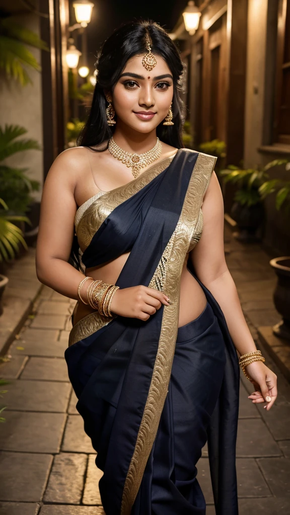 21yo girl, black hair, walking in a moonlit courtyard, exotic girl, bbw chubby indian women, looking at the viewer, shining skin, perfect lighting, the embodiment of grace and elegance, (saree ),  clear details, beautiful, detailed eyes, detailed pupil, volumetric lighting, Ultra Detailed, unity 8k wallpaper, ultra detailed, aesthetic, masterpiece, best quality, photorealistic smiling, marriage function,