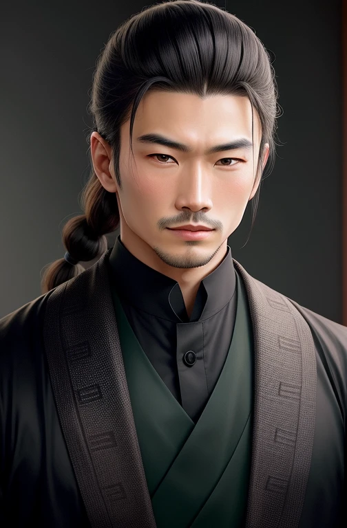 surely! Here are the detailed prompts based on the image provided:
"Create an image of a dignified, stern man, Wearing traditional East Asian clothing. His hairstyle is in the ancient East Asian style., Tied to the head, Suggesting historical background. Men's clothing should be simple, Showing rough texture, It appears to be a warrior's costume from centuries ago.. The background is deep black、The texture and details of the clothing、Enhances subtle facial contours。. You need concentrated light that casts dramatic shadows, Emphasizing the seriousness of his expression and the historical significance of his appearance."