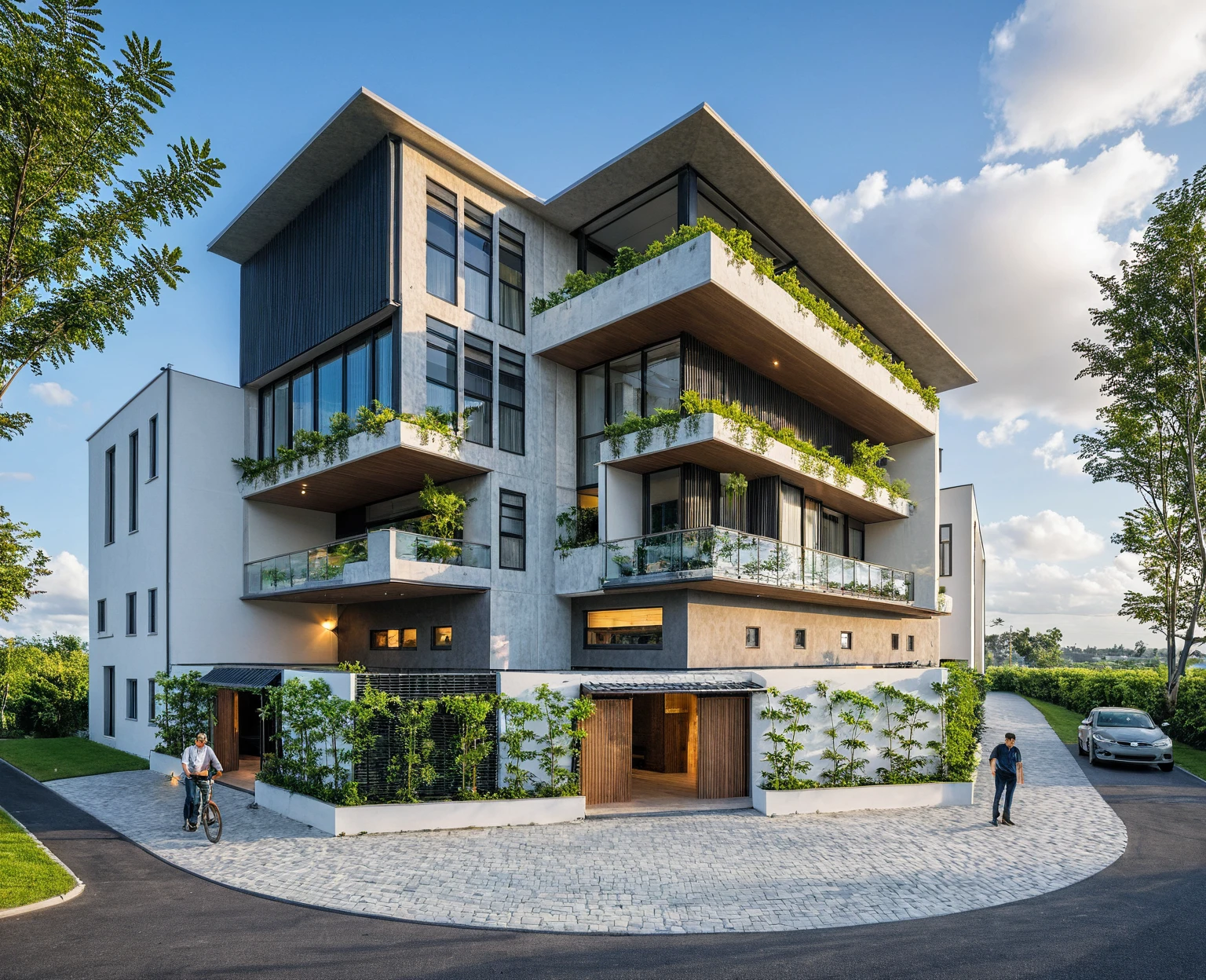 Masterpiece, high quality, best quality, authentic, super detail, outdoors, onestoreyvillaXL, aiaigroup, house style modern on the street ,stairs, white wall ,road,pavement, grass, trees, sky, cloud, (daylight:1.1)
