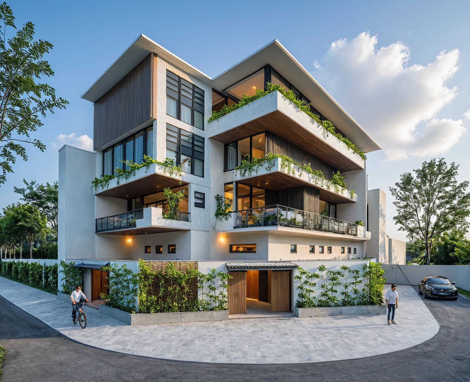 Masterpiece, high quality, best quality, authentic, super detail, outdoors, onestoreyvillaXL, aiaigroup, house style modern on the street ,stairs, white wall ,road,pavement, grass, trees, sky, cloud, (daylight:1.1)
