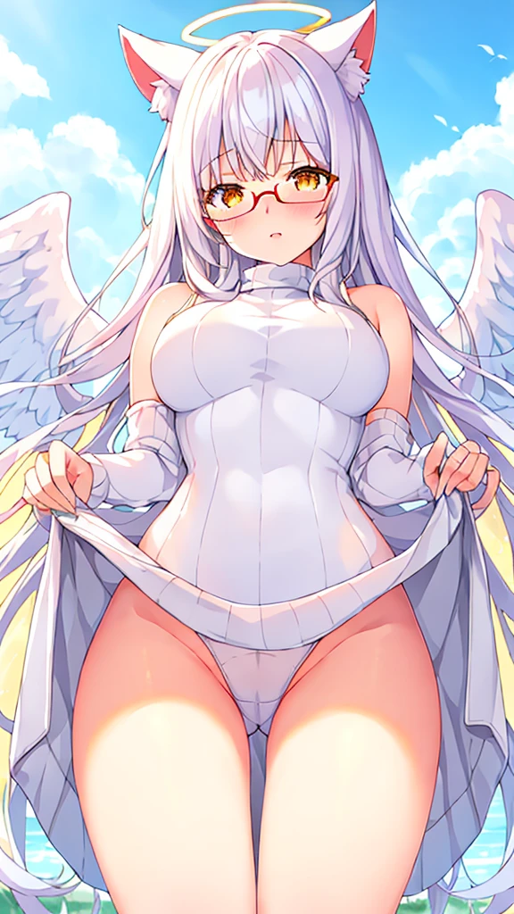 A 20-year-old female angel with long, white hair, orange-yellow eyes, white cat ears, and large white angel wings. yellow halo ring round white glasses white halter turtleneck turtleneck sweater bare back shirt short white evening shirt White wide arm warmers, standing, looking down