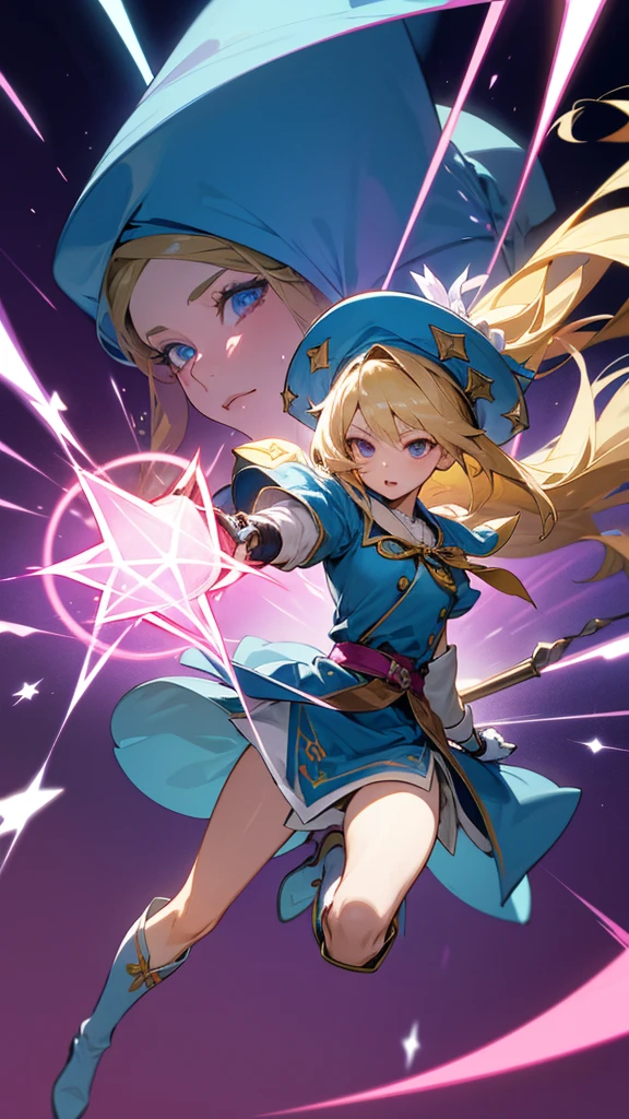 A blonde girl with shoulder-length hair flowing in the wind, wearing a blue mage robe with pink trim and ribbons, a large bent blue hat with pink decorations, knee-high blue boots with pink trim, blue gloves, a pentagram pendant at her chest, and a gold belt at her waist. She holds a magic staff in her right hand, emitting light from the tip, and is in a dynamic jumping pose with her left leg forward. The background is vibrant with sparkling light effects, creating a mystical, magical atmosphere. multiple poses and expressions,different angles,character sheet