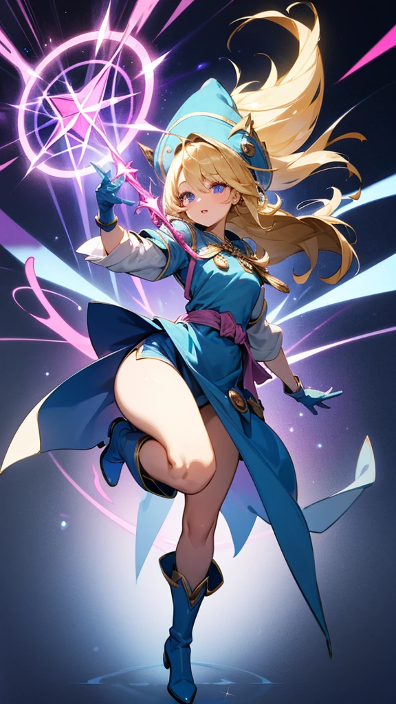 A blonde girl with shoulder-length hair flowing in the wind, wearing a blue mage robe with pink trim and ribbons, a large bent blue hat with pink decorations, knee-high blue boots with pink trim, blue gloves, a pentagram pendant at her chest, and a gold belt at her waist. She holds a magic staff in her right hand, emitting light from the tip, and is in a dynamic jumping pose with her left leg forward. The background is vibrant with sparkling light effects, creating a mystical, magical atmosphere. multiple poses and expressions,different angles,character sheet