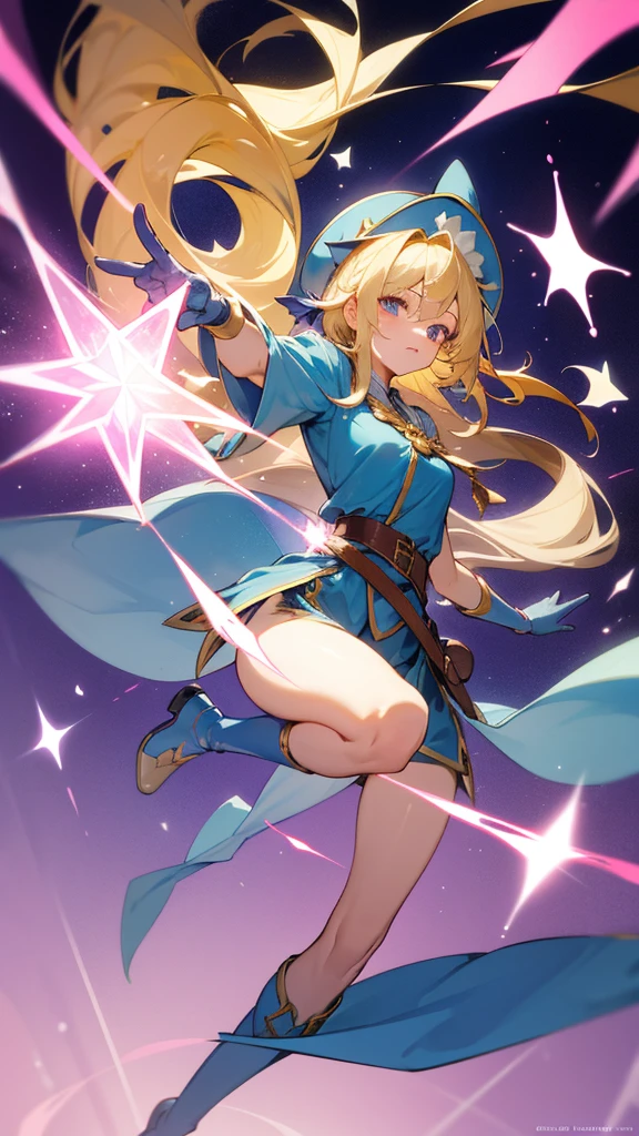 A blonde girl with shoulder-length hair flowing in the wind, wearing a blue mage robe with pink trim and ribbons, a large bent blue hat with pink decorations, knee-high blue boots with pink trim, blue gloves, a pentagram pendant at her chest, and a gold belt at her waist. She holds a magic staff in her right hand, emitting light from the tip, and is in a dynamic jumping pose with her left leg forward. The background is vibrant with sparkling light effects, creating a mystical, magical atmosphere. multiple poses and expressions,different angles,character sheet