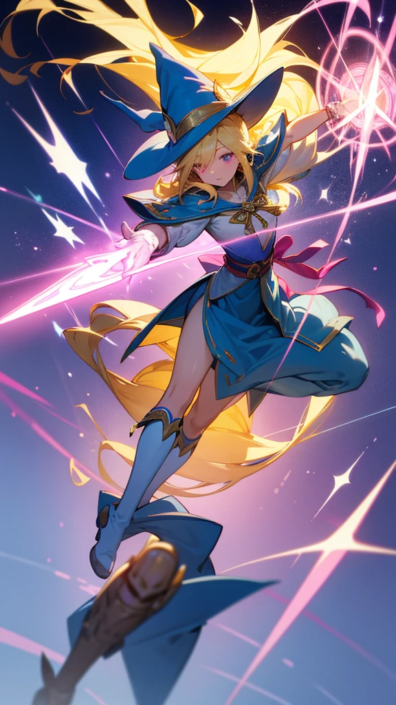 A blonde girl with shoulder-length hair flowing in the wind, wearing a blue mage robe with pink trim and ribbons, a large bent blue hat with pink decorations, knee-high blue boots with pink trim, blue gloves, a pentagram pendant at her chest, and a gold belt at her waist. She holds a magic staff in her right hand, emitting light from the tip, and is in a dynamic jumping pose with her left leg forward. The background is vibrant with sparkling light effects, creating a mystical, magical atmosphere. multiple poses and expressions,different angles,character sheet