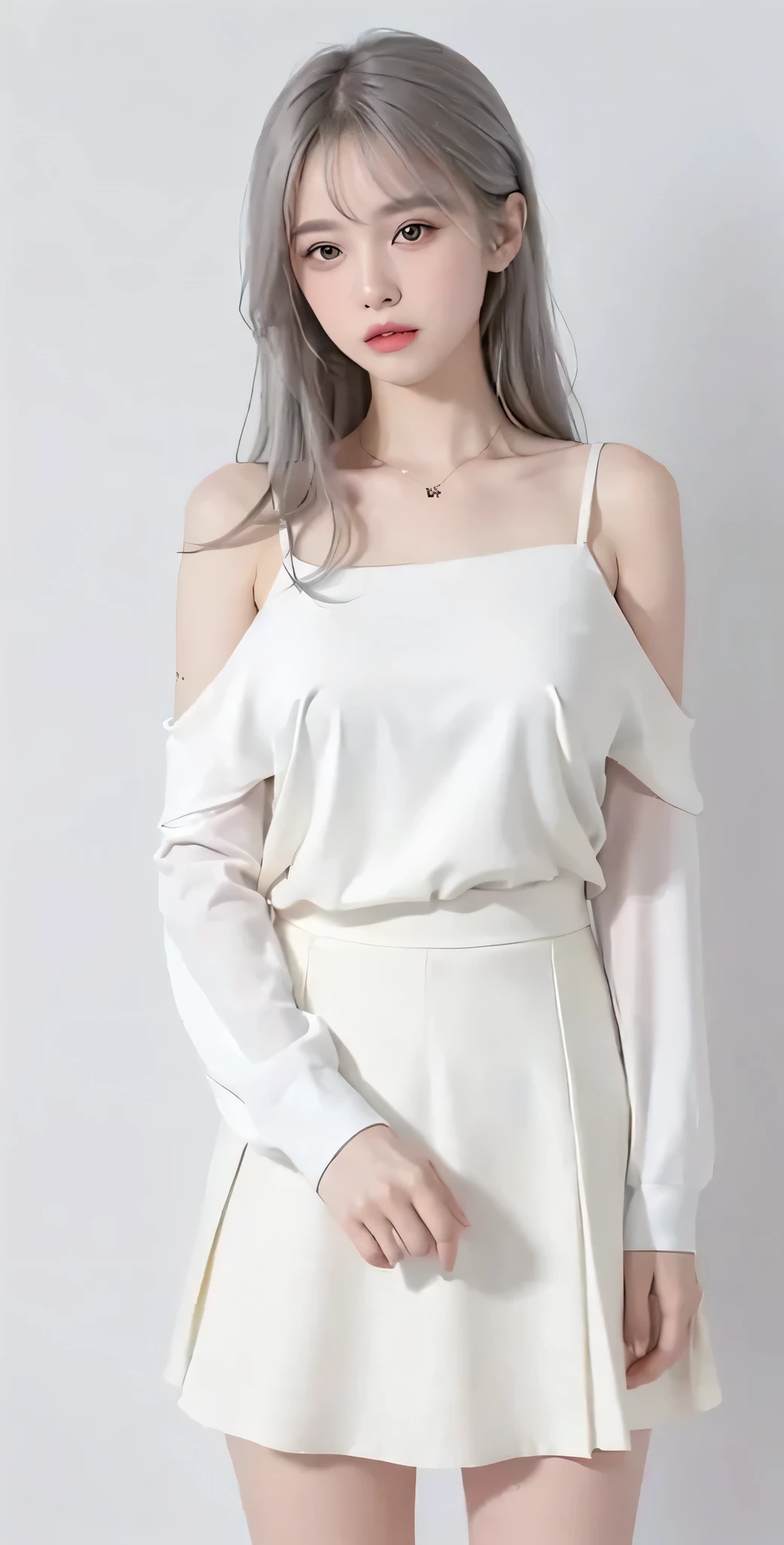 ((Masterpiece)), (highest quality))), (Character design sheet, national costume, same character, front, side, back), illustration, 1 girl, full body, silver hair, eye hair, beautiful eyes, princess cut, environmental change scene, short skirt, shyness, woman, girl, standing, goth loli, V-tuber, chartaan betarola, (simple background, white background: 1.3) ( Masterpiece:1.2), (Best Quality:1.3)