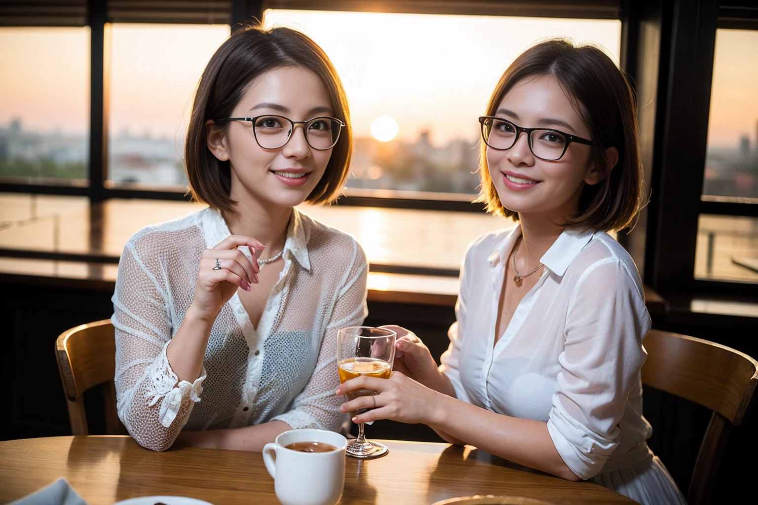 ((highest quality、8k、masterpiece:1.3))、 (Real, Genuine、Face carefully、Bright image、Intricate details:1.2), 最高のsmile、1 male, 1 female、Beautiful couple、Lovers、Love Love Couple、A gentle lover、actresodel、smile、Glasses on the table、full-course dinner、Japanese sake,Junmai Ginjo,Sake Glass, Shochu、 (Slim face), (the body is slim), (Brown Hair), (short hair), Please put light on my face、 Amazing view of the sunset sky and clouds、 (42 years old), 39 years old, Fashionable shirts,dress、Delicate eyes, double eyelid,