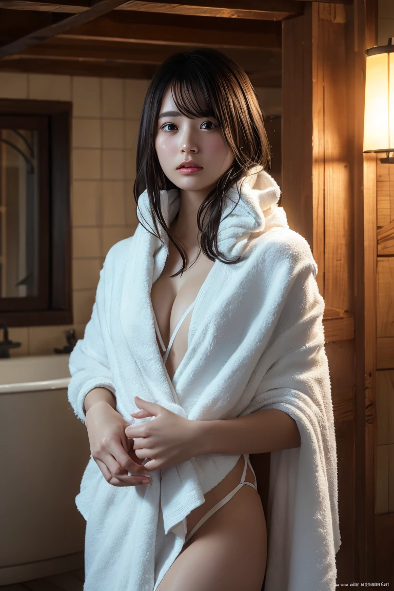 (highest quality:1.4),(masterpiece:1.4),(Realistic:1.4),(Realistic:1.2),(超High resolution, RAW Photos:1.4),(High resolution, Ultra-detailed:1.2),(8k:1.2),View your viewers,Cinematic photography,a photo of a dark-haired,One girl,alone,((After bath,Completely naked,Damp Hair,Wrap a bath towel around your body,View from the front)),skeletally correct,(Western-style building interior,Dimly lit room,The lamplight shines on my cheeks)