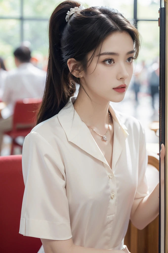 ((((8k))),((Extremely meticulous CG)) ,(wallpaper),16k,((Extremely refined and beautiful)),(((Masterpiece))),(((best qualtiy))),(((Ultra High Resolution))),beautiful light up,Perfect lightning,realistic shaded,(Smooth and flawless skin:1.5),(Extremely exquisite facial details:1.2),(perfect body:1.2),(ultra-detailed),((A beautiful girl,solo)),(small head:1.2),(pale skin:1.3),(short ponytail:1.3),(small face:1.2),(baby face:1.3),(glasses:1.2),(Exquisite makeup:1.2),(red lips:1.2),(parted lips:1.2),(small breasts:1.3),(flat chest:1.2),(claviclies:1.3),(cleavage:1.3),(bra:1.3),((slim,thin)),(disgusted expression:1.5),(short sleeves:1.2),(crystal necklace:1.2),(collared white uniform shirt:1.5),(indoor:1.3),(summer:1.3),(detailed background:1.5),(standing:1.3),(close-up of face:1.3),(from front:1.3),(day scene:1.5),(In a luxurious Hall:1.5),(bright and vivid colors:1.3),(surrounded by crowded crowds:1.3),Exchange, stock, trading floor, bustling, vibrant, large open space, polished floor, high ceilings, monitors, real-time market data, phones ringing, traders talking, efficient operation, trading desks, brokers booths, senior staff offices, equipped computers, telephones, raised platform, pit, brokers, dealers, activity, hushed tones, personnel, roles, responsibilities, traders, suits, monitoring screens, market movements, brokers, negotiation, clients, dealers, execution, efficiently effectively, organized space, buying selling stocks