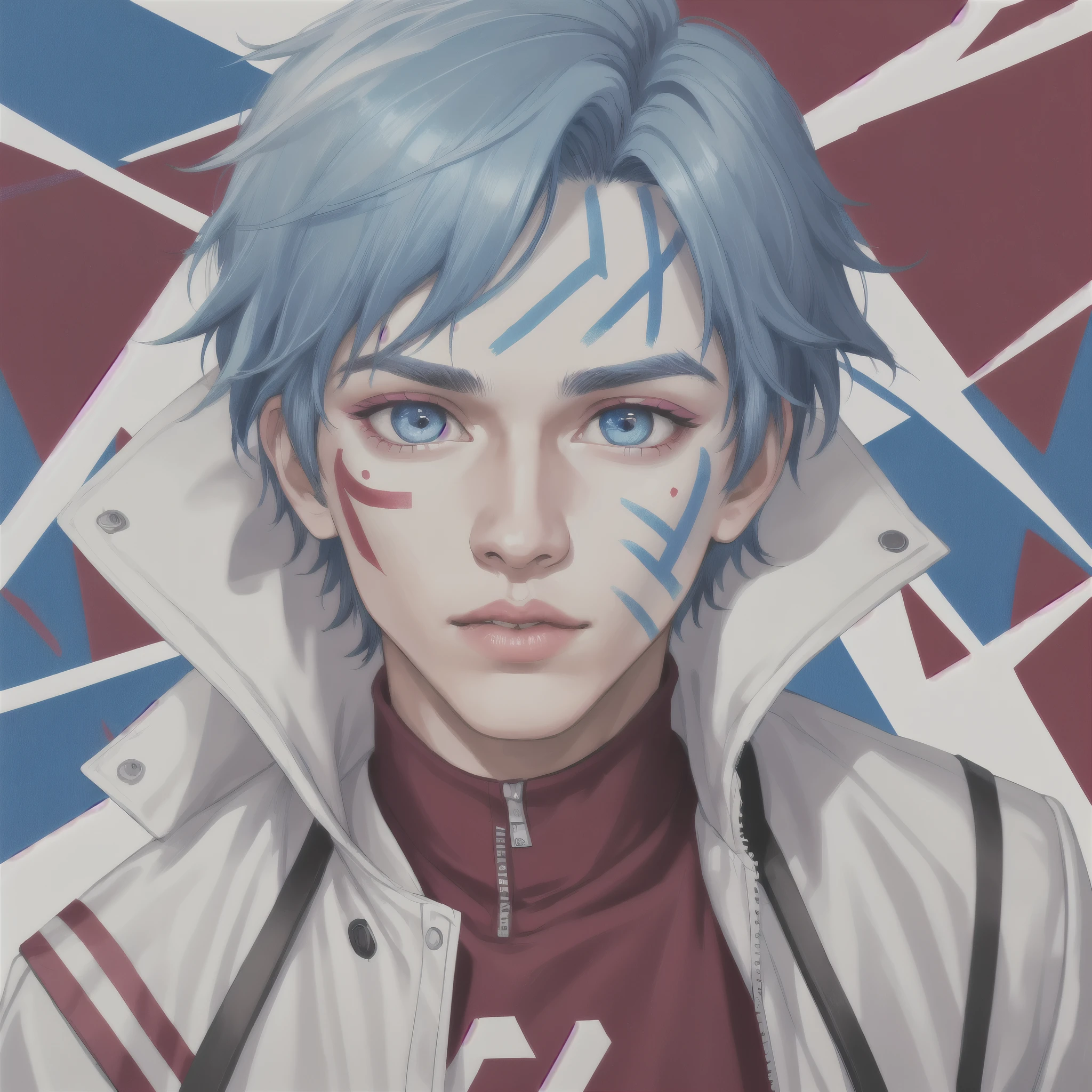 realistic, mature, solo, 1boy, male focus, blue eyes, blue hair, maroon background, light skinned male, red and white face paint, looking at viewer, lips, white jacket, high definition, 8k, animated