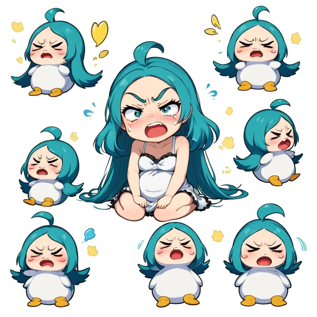 A lovely , screenshot, mori kei,
duckcore plush doll art, exaggerated poses, happy, angry, sad, cry, cute, expecting, laughing,
disappointed, exaggerated movements, various expressions and movements, sticker art design, white background, style cute
