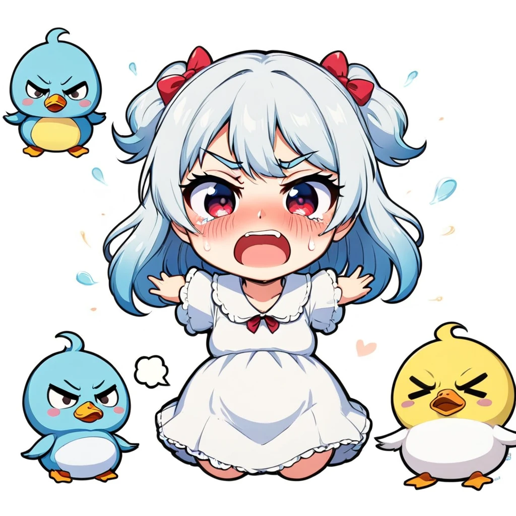 A lovely , screenshot, mori kei,
duckcore plush doll art, exaggerated poses, happy, angry, sad, cry, cute, expecting, laughing,
disappointed, exaggerated movements, various expressions and movements, sticker art design, white background, style cute