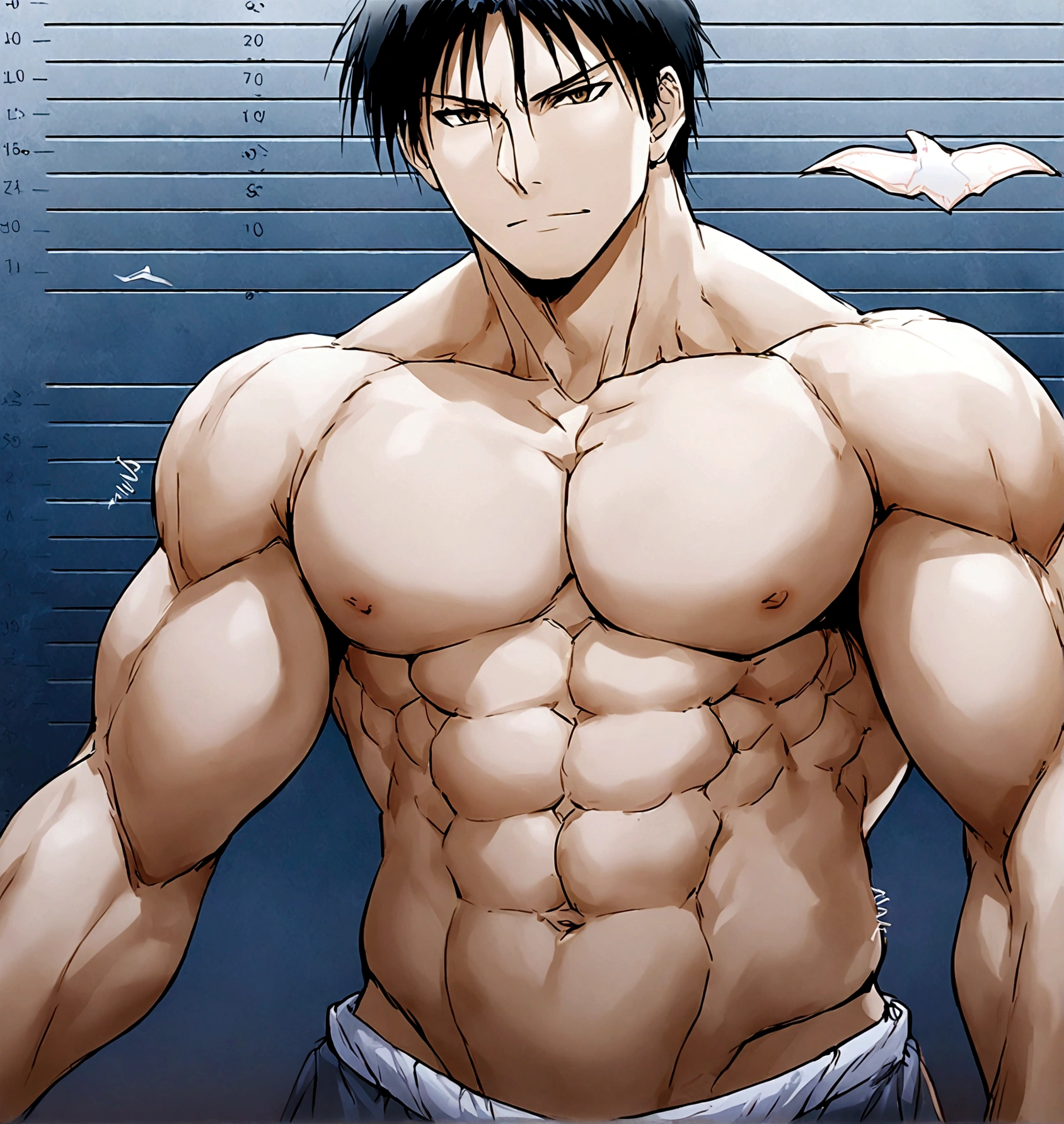 Roy Mustang from Full Metal Alchemist, muscular, defined body, shirtless