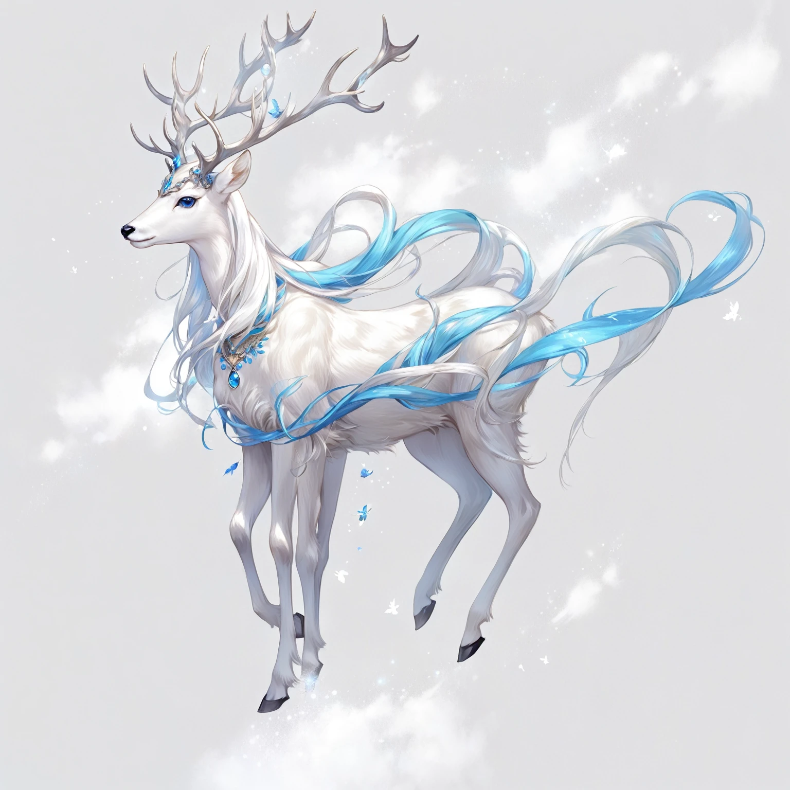 Anime style illustration of a white deer with long hair and blue tail, By Yumi, shrike, Anthropomorphic deer female, Beautiful young wind elf, anthropomorphic female deer, an Anthropomorphic deer, Anthropomorphic deer, A beautiful artistic illustration, a shrike, Digital Art on pixiv, fantasy concept art
