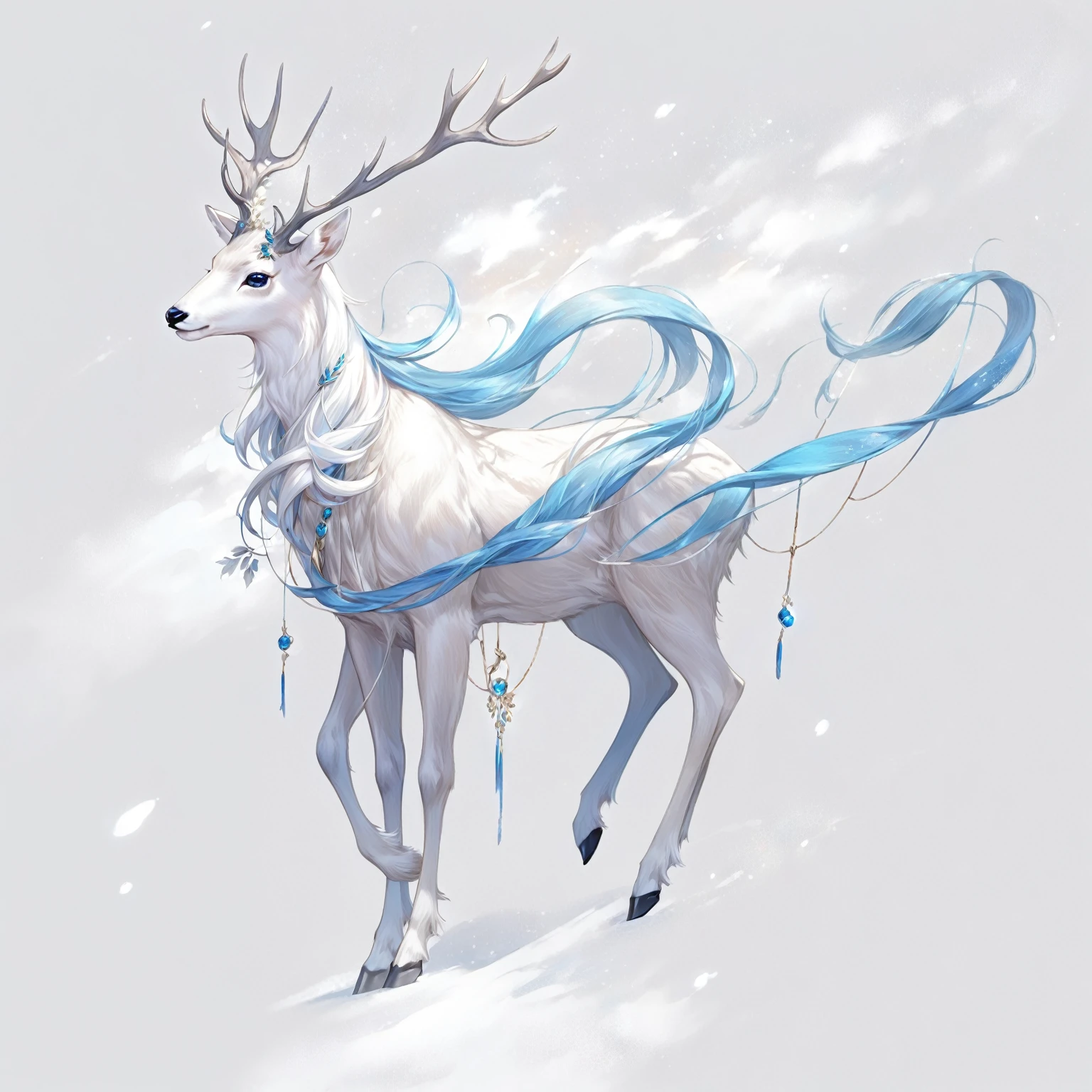 Anime style illustration of a white deer with long hair and blue tail, By Yumi, shrike, Anthropomorphic deer female, Beautiful young wind elf, anthropomorphic female deer, an Anthropomorphic deer, Anthropomorphic deer, A beautiful artistic illustration, a shrike, Digital Art on pixiv, fantasy concept art