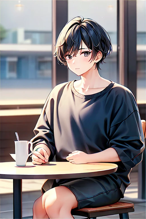 high quality、Realistic facial features sitting in a fashionable cafe in the sunlight、Black hair, center parted、short hair、Looks just like the idol Cha Eun-woo、elongated head shape,,、Beautiful face、slightly flabby eyes and parallel eyebrows,、Kind Face、Classy atmosphere、Widely accepted、Fashionable clothes t-shirt and black jacket、Man in black pants、Korean Style Boy、Japanese