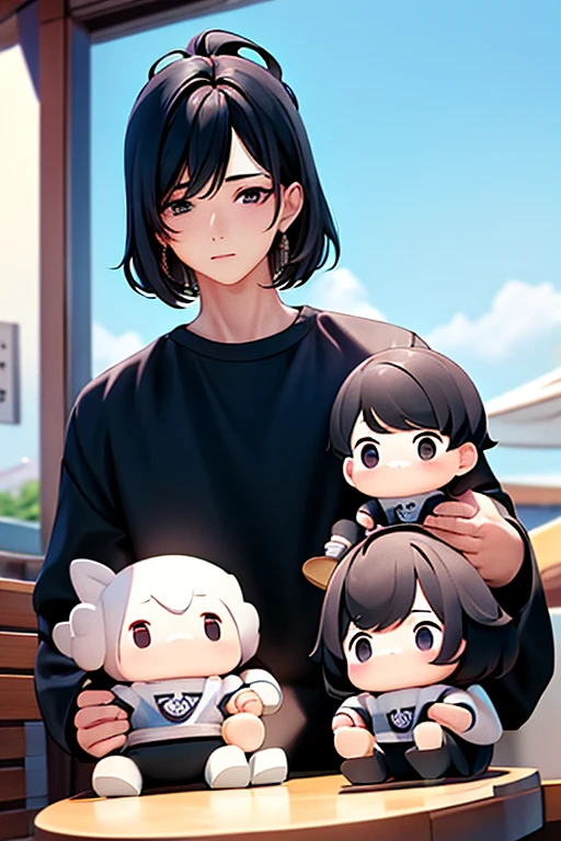 high quality、Realistic facial features sitting in a fashionable cafe in the sunlight、Black hair, center parted、short hair、Looks just like the idol Cha Eun-woo、elongated head shape,,、Beautiful face、slightly flabby eyes and parallel eyebrows,、Kind Face、Classy atmosphere、Widely accepted、Fashionable clothes t-shirt and black jacket、Man in black pants、Korean Style Boy、Japanese