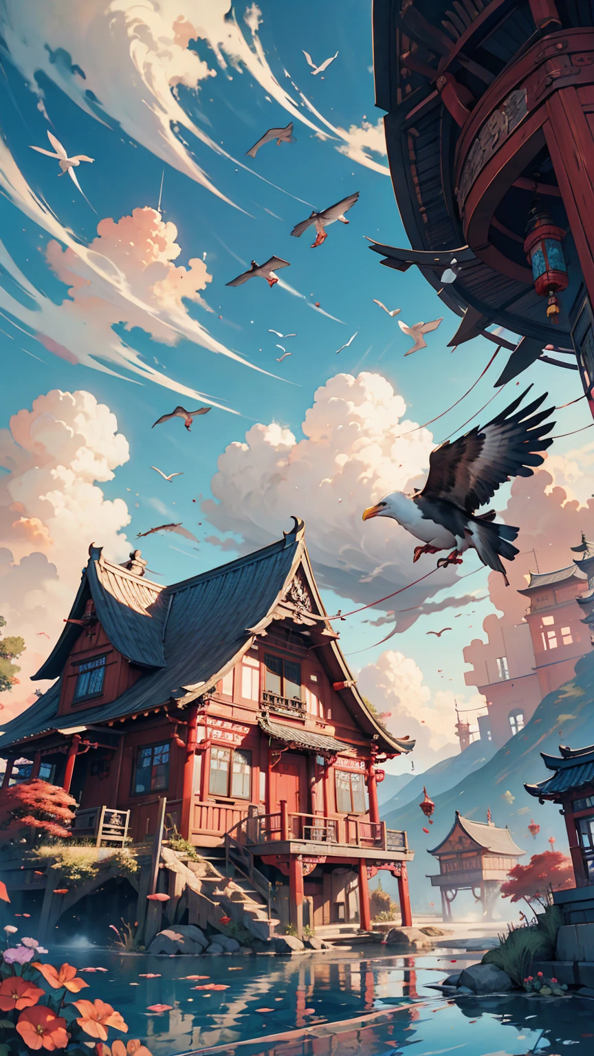 color (Fantasy: 1.2), (Traditional Chinese Style), (Irregular red building floating above clouds), Patchwork Cottage, Floral decoration, Light, Concept art inspired by Andreas Rocha, Artstation Contest Winner, Fantasy art, (Sky City), Ross Tran, Lightシャフト, Realistic lighting, masterpiece, high quality, Beautiful graphics, High detail, masterpiece, high quality, Beautiful graphics, High detail, --v6, (Flying seabirds)