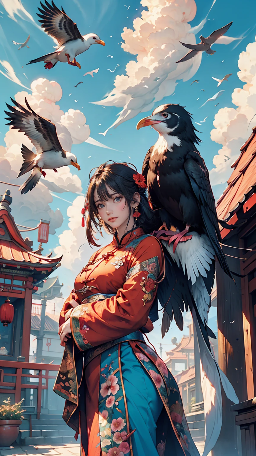 color (Fantasy: 1.2), (Traditional Chinese Style), (Irregular red building floating above clouds), Patchwork Cottage, Floral decoration, Light, Concept art inspired by Andreas Rocha, Artstation Contest Winner, Fantasy art, (Sky City), Ross Tran, Lightシャフト, Realistic lighting, masterpiece, high quality, Beautiful graphics, High detail, masterpiece, high quality, Beautiful graphics, High detail, --v6, (Flying seabirds)