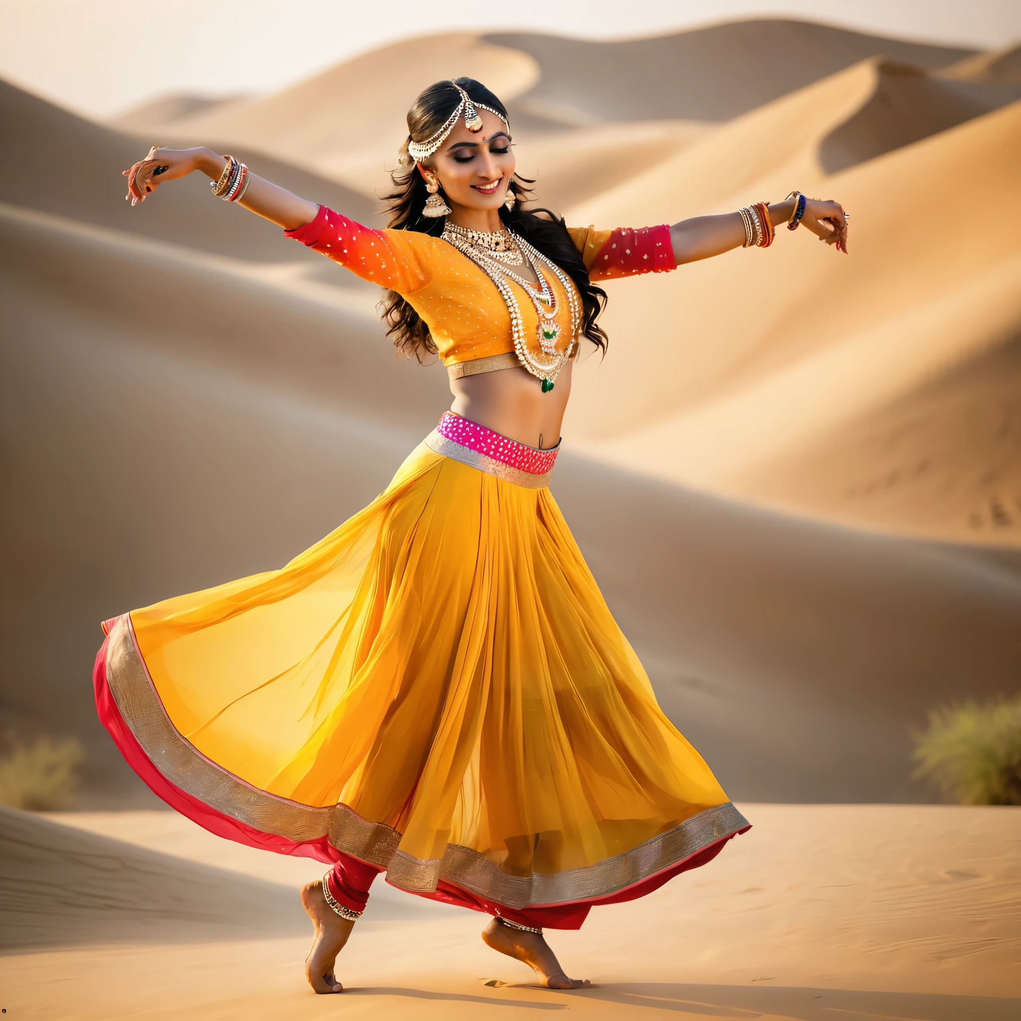 An Indian dancer, delicate facial features, full body, dynamic Indian dance, banghra, colorful outfit, Indian golden jewelry, bracelet, Bollywood imagery, ochre semidesertic land as background.