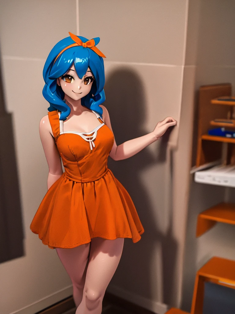 highest quality, masterpiece,figure,Super detailed,
Collection,One girl,alone ,chest,Blue Hair,hair band, Brown eyes,Orange Dress,smile,Short dress,panties,
 