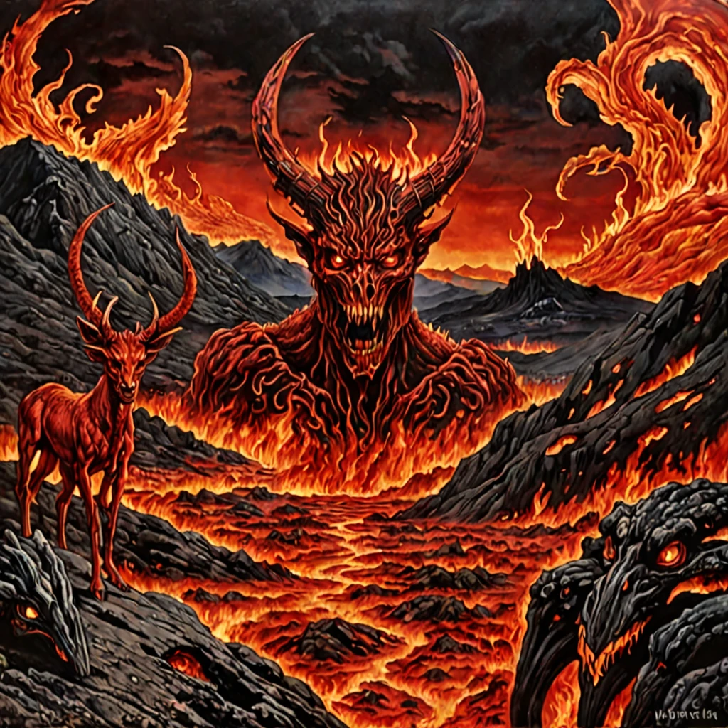 Hell, infernal landscape, fiery creatures, intense red hues, (hyperrealistic facial features:1.3)