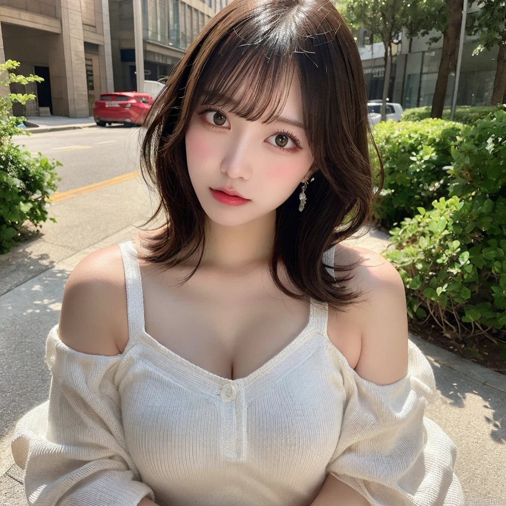 masutepiece, Best Quality, Illustration, Ultra-detailed, finely detail, hight resolution, 8K Wallpaper, Perfect dynamic composition, Beautiful detailed eyes, Knitted dresses,off shoulders,Full body,Natural Lip, Big breasts, Random sexy poses,cleavage,Wedding dress,1 person