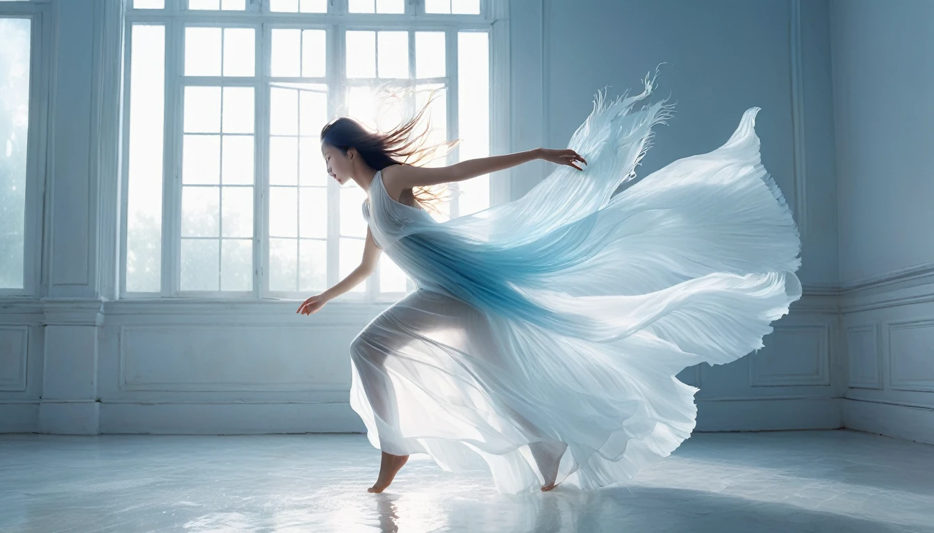 Light blue with white details，Fantastic and unreal, dream-like，Take me to a forgotten time and space。pure white room，There is plenty of clear water，Bright sunlight pours into the room，Project Rainbow Water Light，Rays of light at dusk，A barefoot girl in a white gauze dress dances for the camera，There is a huge pure white transparent betta fish..:1.2，Large fins spreading in the smoke.Their colors and gestures add a beautiful touch to nature. Very detailed.,A clear pattern,beautiful,artwork,masterpiece,Realistic craftsmanship、Highly detailed digital art，fantasy art action，A surreal and spectacular sight，Shining with the magic of fusion。This is a great photo，that&#39;Just like us&#39;In a mysterious world。