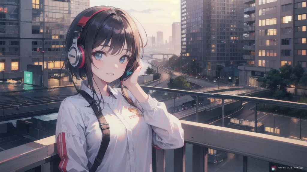 (In 8K, Ultra-high resolution, Best Quality, Masterpiece:1.2), (Realistic illustrations), (Highly Detailed CG Unity 8K Wallpaper), Relaxed girl listening to music with headset, smile, Detailed teeth, はにかんだsmile, Nostalgic vintage style animation, 80s city night view