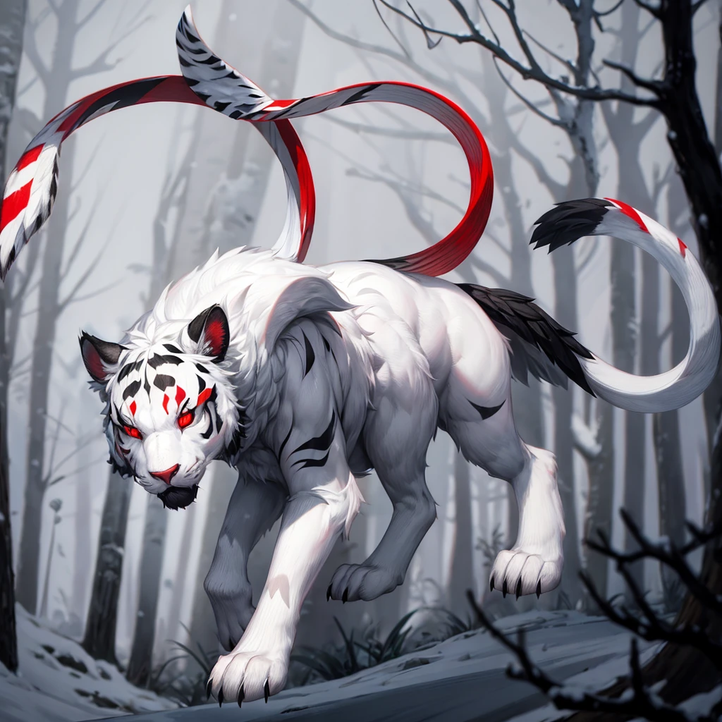 White wool, Black stripes on wool, Red eyes, against the backdrop of a snowy forest