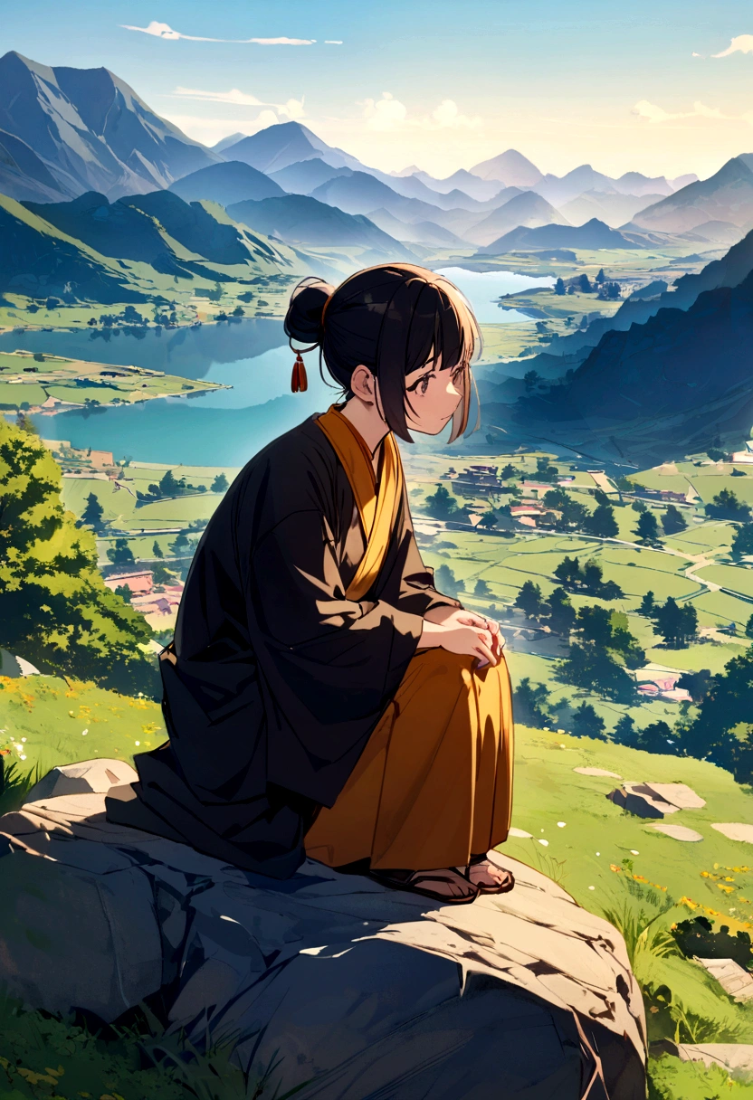 A little monkey using monk clothes, mountain view, sitting on the rock