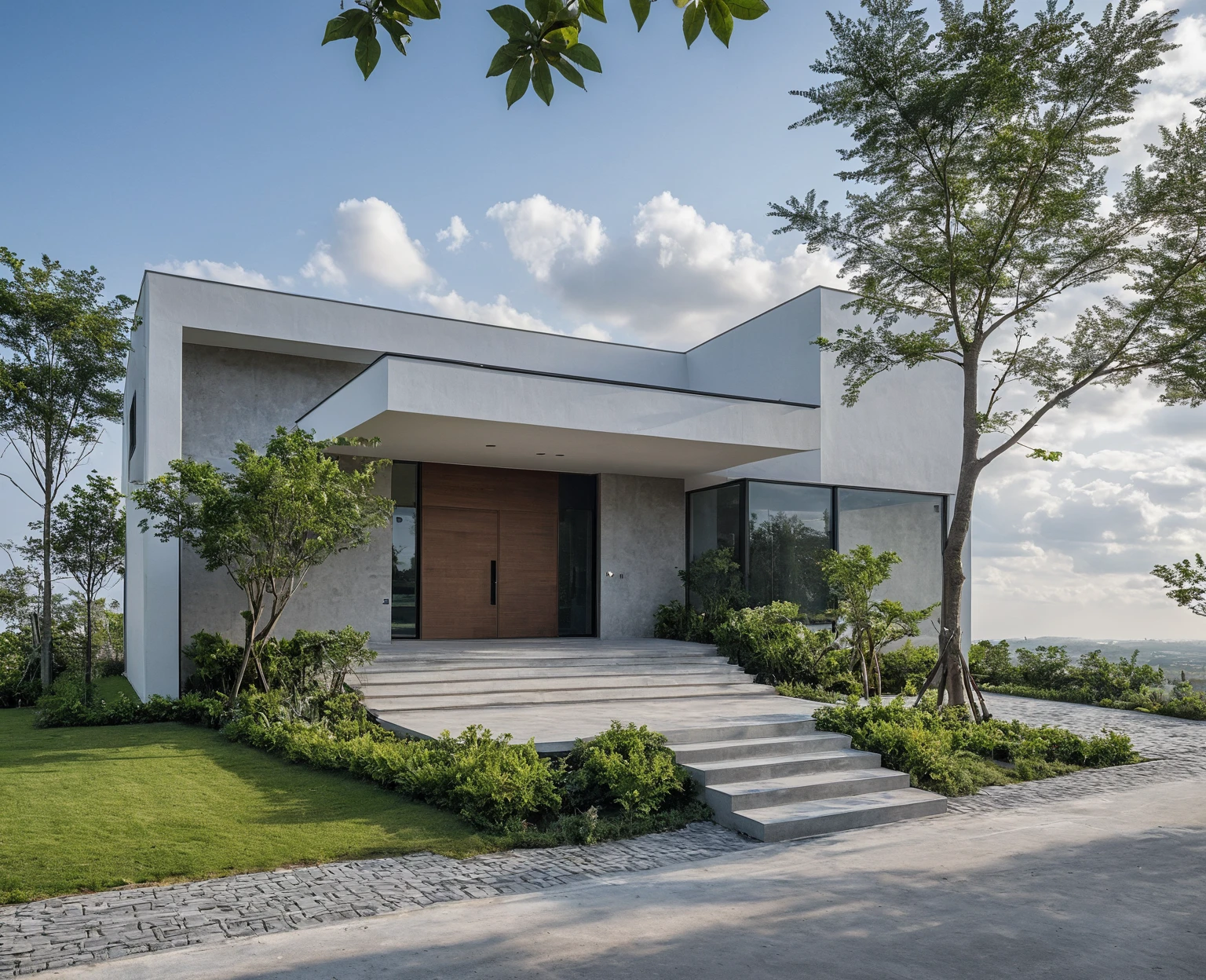 Masterpiece, high quality, best quality, authentic, super detail, outdoors, onestoreyofficeXL, aiaigroup, villa style modern on the garden ,stairs, white wall , road,pavement, grass, trees, sky, cloud, (daylight:1.1), random style color exterior
