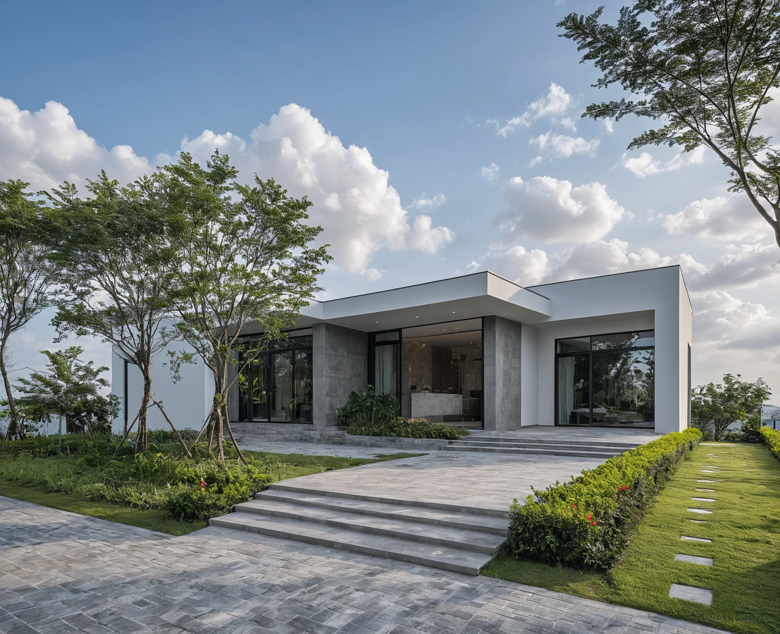 Masterpiece, high quality, best quality, authentic, super detail, outdoors, onestoreyofficeXL, aiaigroup, villa style modern on the garden ,stairs, white wall , road,pavement, grass, trees, sky, cloud, (daylight:1.1), random style color exterior
