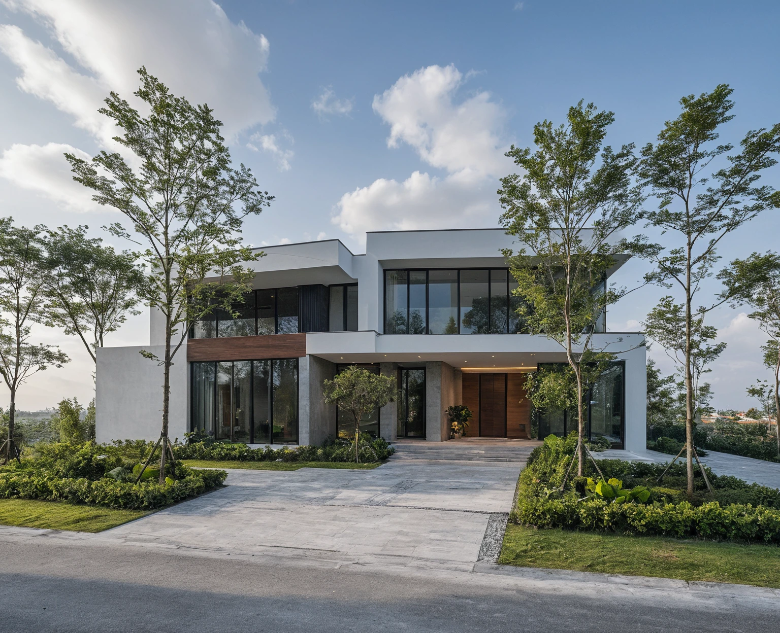 Masterpiece, high quality, best quality, authentic, super detail, outdoors, onestoreyofficeXL, aiaigroup, villa style modern on the garden ,stairs, white wall , road,pavement, grass, trees, sky, cloud, (daylight:1.1), random style color exterior