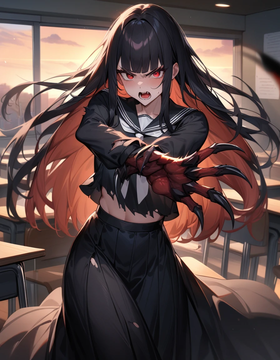 (masterpiece,best quality,very aesthetic),(ultra-detailed),nsfw,(atlach-nacha,degenerate),1girl,20yo,Statuesque,curvy,tall,long hair, black hair,straight hair,(blunt bangs),beautiful red eyes,glaring,screaming,furious,rage,Abdominal injury,vomiting blood,look down on with disdain,black serafuku in winter,long sleeves,(long skirt),white ribbon tie,torn clothes,painful,incoming attack,assaulting,high speed,classroom,dusk sky,leather shoes,The setting sun is shining in the classroom,(black Claws with arms fused like spider arm:1.3),solo,looking at viewer,cowboy shot