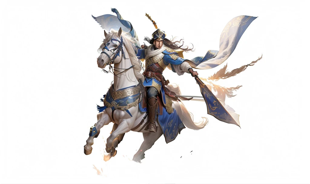 Two men rode on horseback，Flags on horseback, Zhao Yun, author：Yang Jie, xianxia hero, g liulian art style, yiqiang and shurakrgt, guan yu, Horse Warrior, author 王鹗, yang qi, Liang Xing, jinyiwei, heise jinyao, bian lian