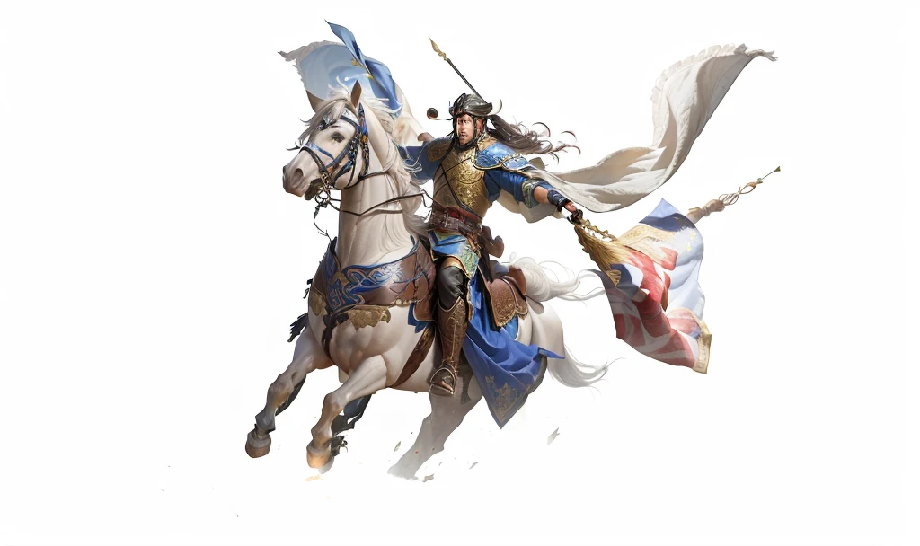 Two men rode on horseback，Flags on horseback, Zhao Yun, author：Yang Jie, xianxia hero, g liulian art style, yiqiang and shurakrgt, guan yu, Horse Warrior, author 王鹗, yang qi, Liang Xing, jinyiwei, heise jinyao, bian lian