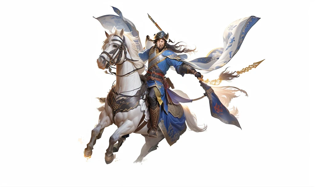 Two men rode on horseback,Flags on horseback, Zhao Yun, author:Yang Jie, xianxia hero, g liulian art style, yiqiang and shurakrgt, guan yu, Horse Warrior, author 王鹗, yang qi, Liang Xing, jinyiwei, heise jinyao, bian lian