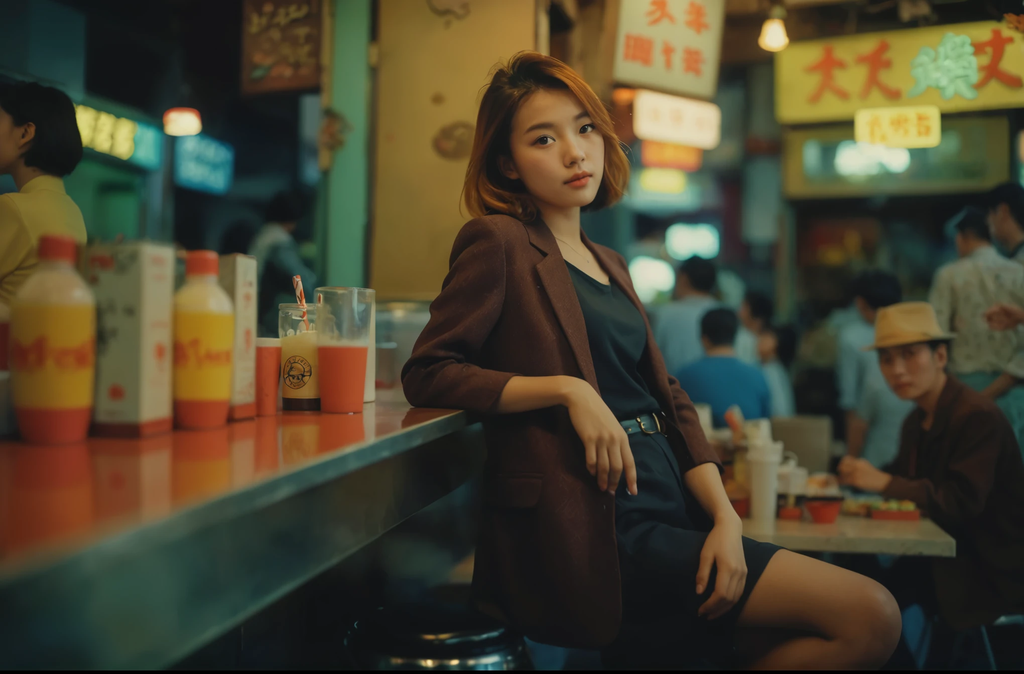 a portrait of MagMix Girl, in Hongkong cafe, analog film photo, Kodachrome.
