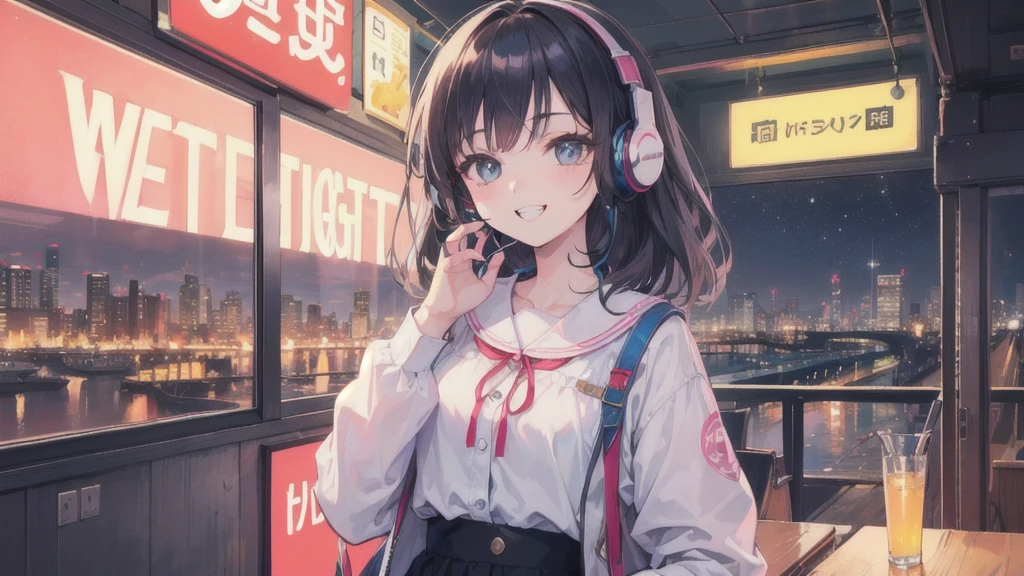 Relaxed girl listening to music with headset, smile, Detailed teeth, はにかんだsmile, Nostalgic vintage style animation, 80s city night view