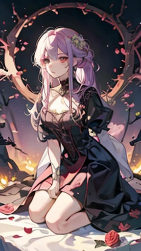 Evil witch, briar, roses, thorns, bushes, sacrifice, spring, pastel iridescent flowers, sunny, full body