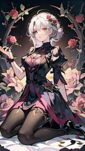 Evil witch, briar, roses, thorns, bushes, sacrifice, spring, pastel iridescent flowers, sunny, full body