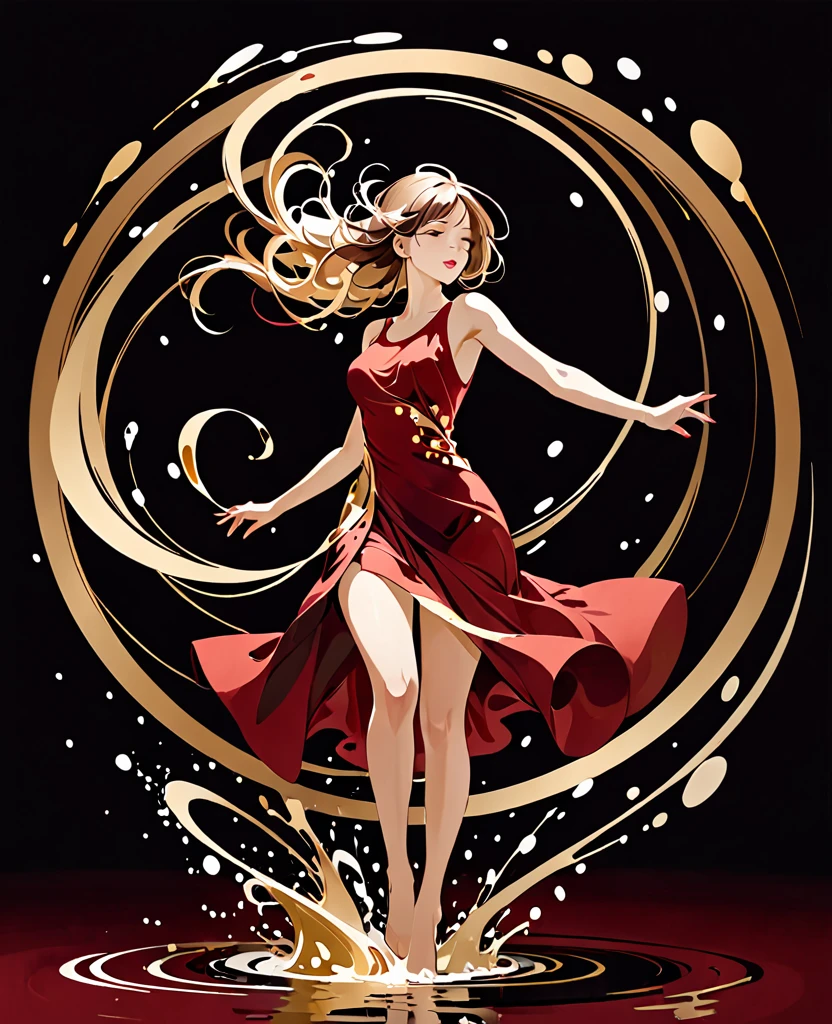 1 girl(offhand)abstract,Splashes of golden color swirling in circles,dark red background
