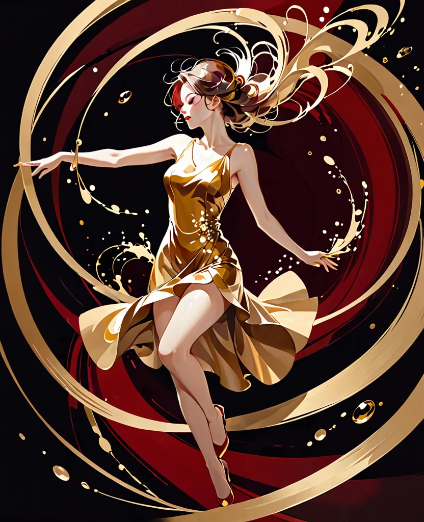 1 girl(offhand)abstract,Splashes of golden color swirling in circles,dark red background