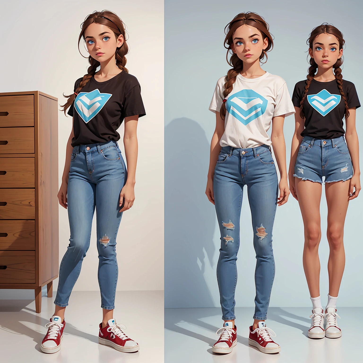 image split vertically in three, full body on the picture, standing italian girl 16 years old, small breast, light blue eyes, brown hair, headband and braids, blue jeans, t-shirt, sneakers, white background